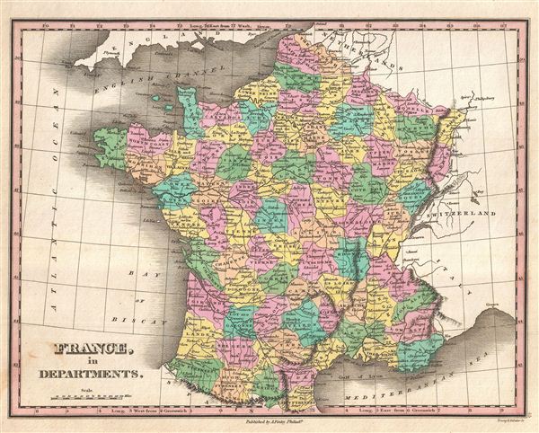 departments of france map. 1827 Finley Map of France in