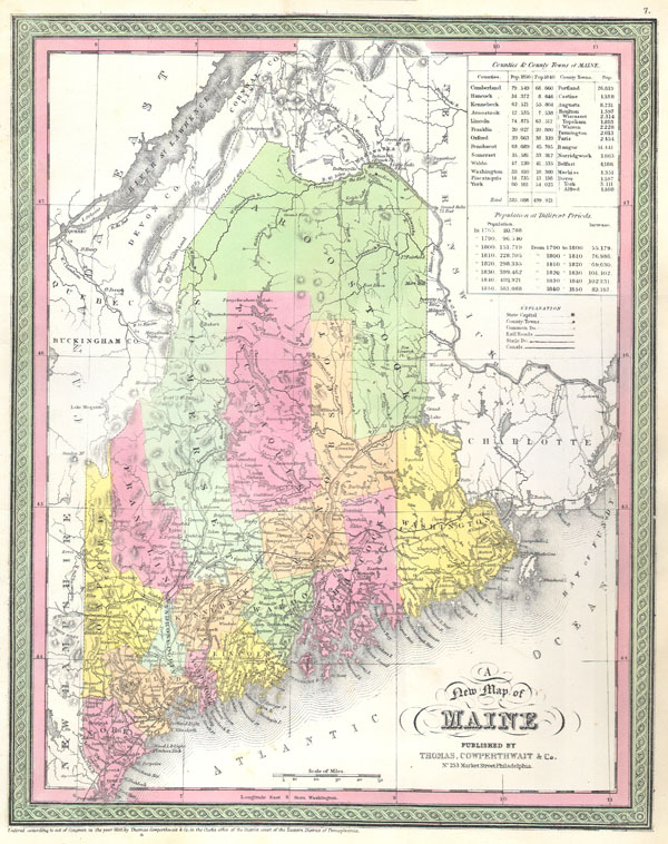 Map Of Maine Cities. 1850 Mitchell Map of Maine