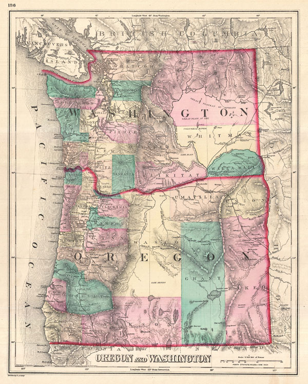Map Of Washington And Oregon. 1875 Gray Map of Washington