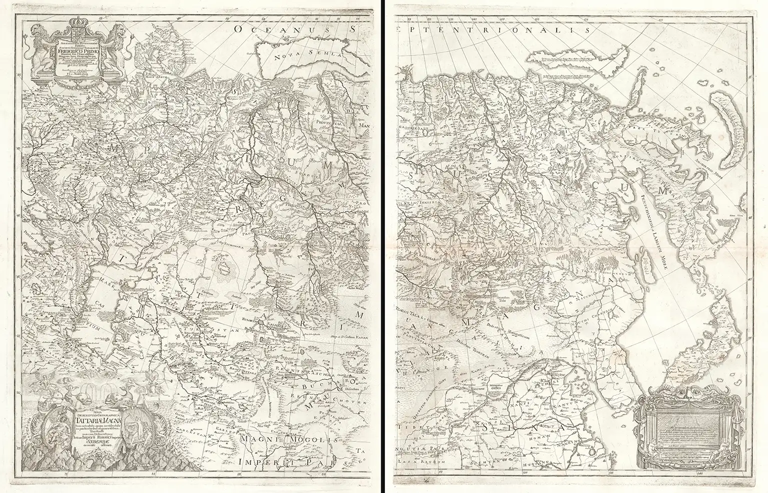 Nova Descriptio Geographica Tattariae Magnae Tam Orientalis Quam Occidentalis In Particularibus Et Generalibus Territoriis Una Cum Delineatione Totius Imperii Russici Imprimis Siberiae Accurate Ostensa