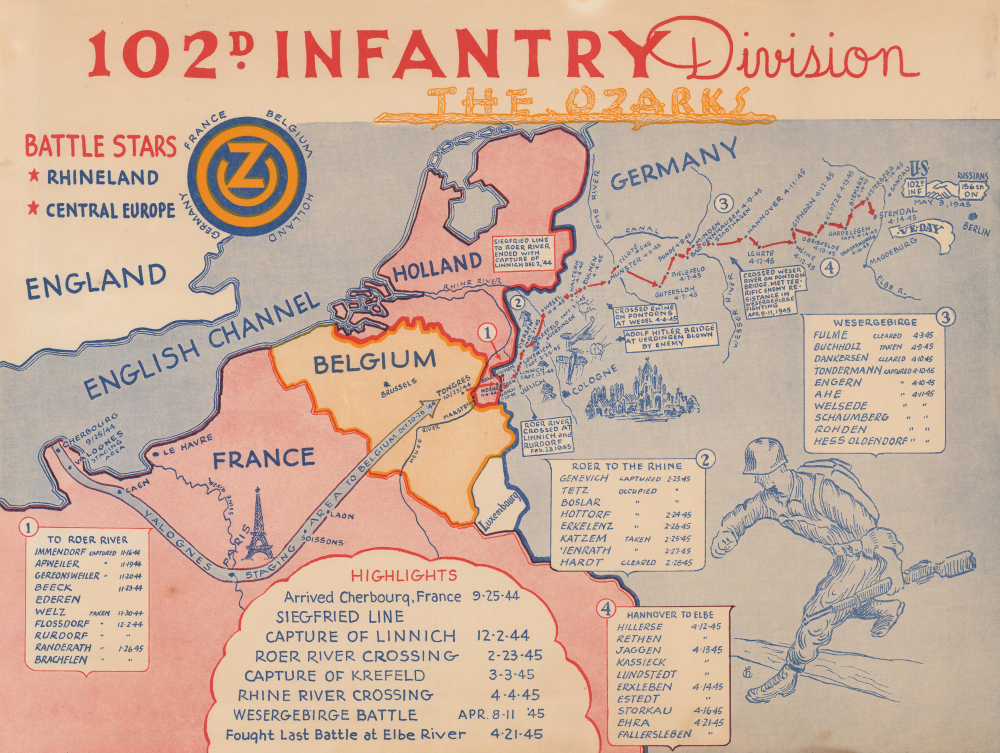 1945 102nd Infantry Division WWII Campaign Route Map of Europe