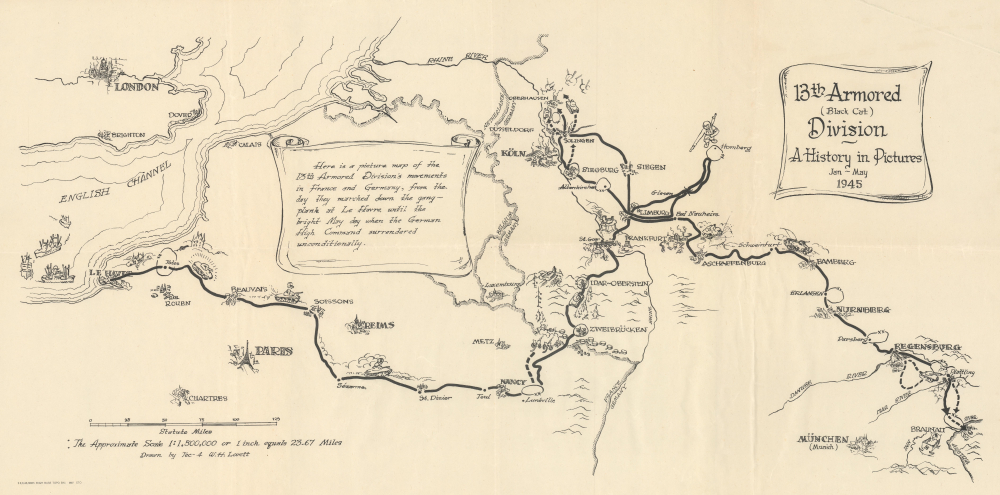 1945 Lovett World War II Pictorial Route Map of the 13th Armored Division in Europe