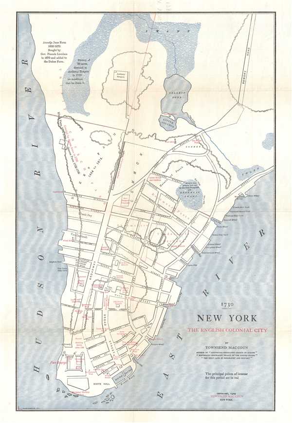 1909 MacCoun City Map or Plan of Colonial New York City in 1730