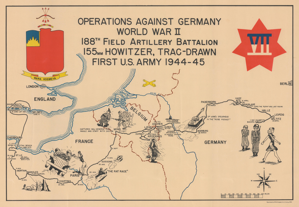1945 188th Field Artillery Battalion World War II Pictorial Route Map of Europe