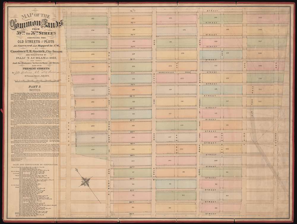 Map of the Common Lands from 59th to 76th Street Showing the Old Streets and Plots as Surveyed and Mapped in 1796 by Cassimer T.H. Goerck, City Surveyor, and Resurveyed by Isaac T. Ludlam in 1822 and the Distance between those old Streets and our Present Streets. - Main View