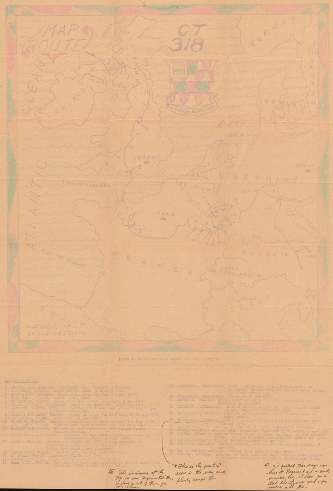 1945 Mimeographed WWII Route Map of the 318th Infantry Regiment in Europe