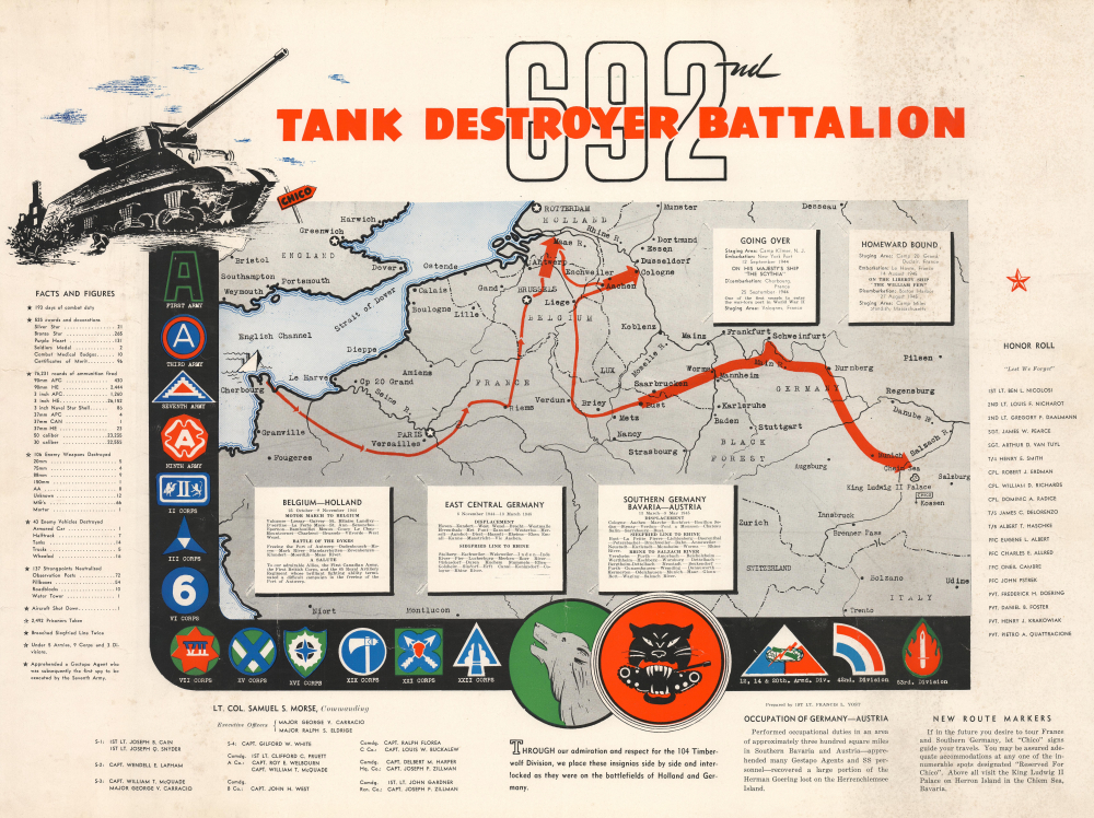 1945 Yost WWII Route Map of the 692nd Tank Destroyer Battalion in Europe