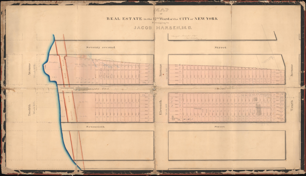 1848 Serrell Large Manuscript Plat Map of 70th to 72nd Streets, West Side of Manhattan