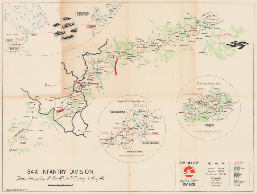 1945 Harney World War II 84th Infantry Division Campaign Route Map of Europe
