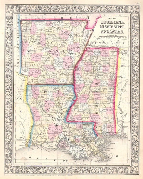 Map of Louisiana, Mississippi and Arkansas. - Main View