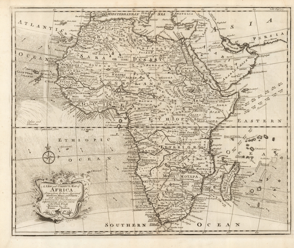 A New and Correct Map of Africa Drawn from the most Approved Modern Maps and Charts, and adjusted by Astronomical Observations, representing also the course of the Trade Winds Monsoons etc. By Eman. Bowen 1748. - Main View