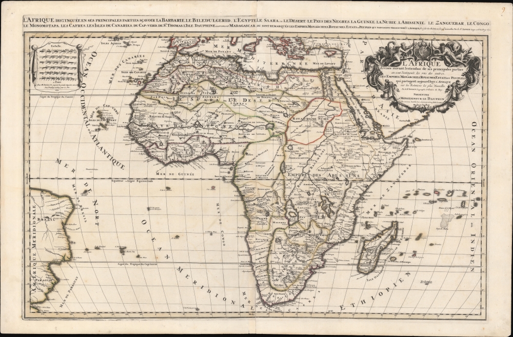 L'Afrique distinguée en ses principales parties, sçavoir La Barbarie, Le Biledulgerid, L'Egypte, Le Saara ou le Desert, Le Pays des Negres, La Guinee, La Nubie, L Abissinie, Le Zanguebar, Le Congo, Le Monomotapa, Les Cafres, Les Iles de Canarie, du Cap-Verd, de St.Thomas, L'Isle Dauphine, autrement Madagascar, ou sont remarqués les Empires, Monarchies, Royaumes, Estats, et peuples qui partagent presentement L'Afrique.Tiré sur les Relations les plus nouvelles. Par le Sr. Sanson, Geographe ordre. du Roy. - Main View