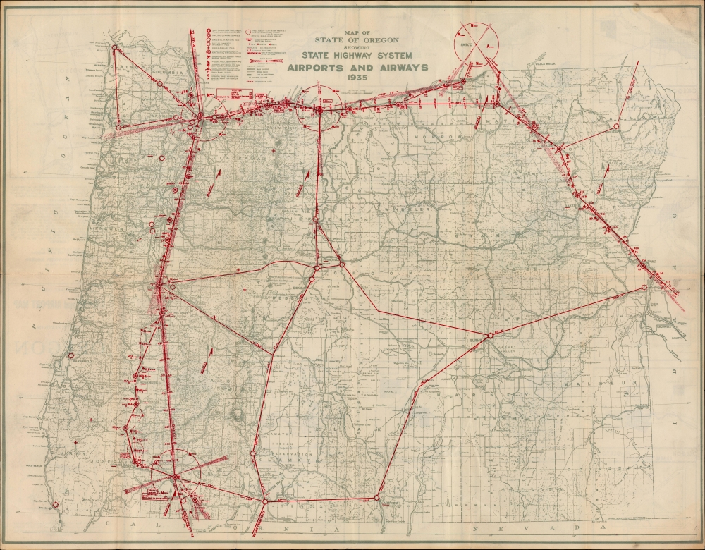 Map of State of Oregon Showing State Highway System Airports and Airways 1935. - Main View