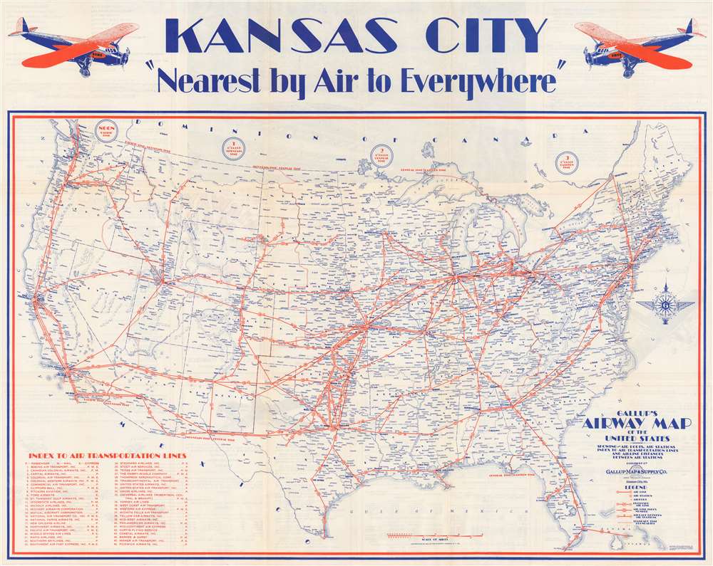 Gallup's Airway Map of the United States Showing Air Ports, Air Stations, Index to Air Trainsportation Lines and Airline Distances Between Air Stations. - Main View