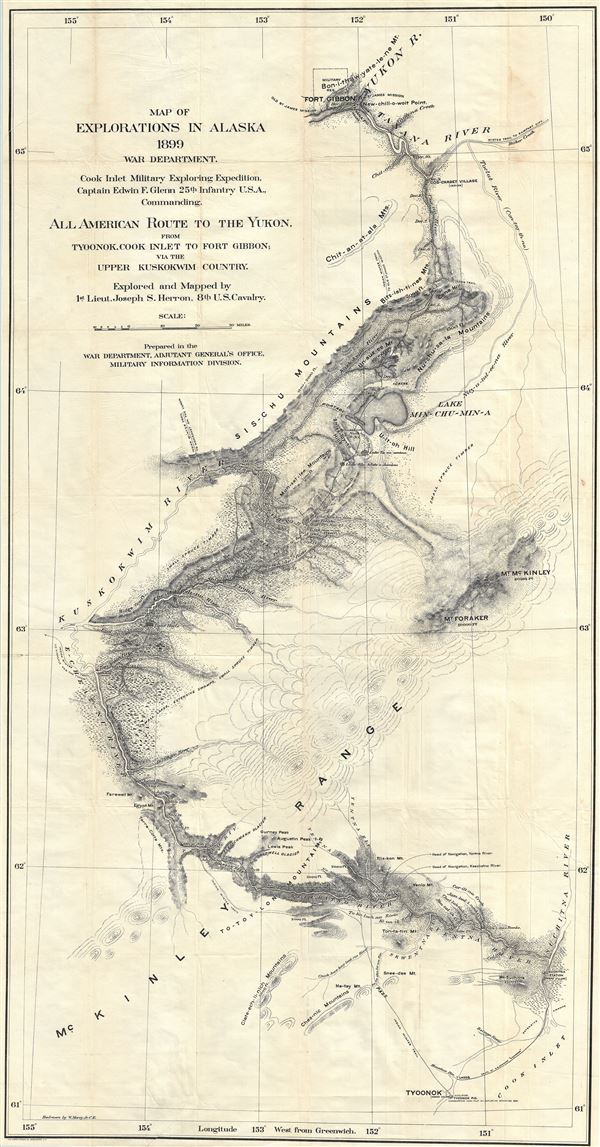 Map of explorations in Alaska, 1899 : all American route to the Yukon from Tyoonok, Cook Inlet to Fort Gibbon via the Upper Kuskokwim Country. - Main View