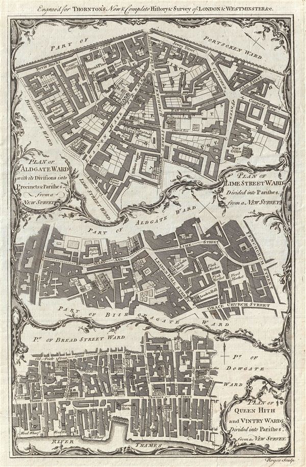 Plan of Aldgate Ward with its Divisions into Precints and Parishes from a New Survey.  Plan of Lime Street Ward Divided into Parishes from a new Survey.  Plan of Queen Hith and Vintry Wards Divided into Parishe, from a New Survey. - Main View