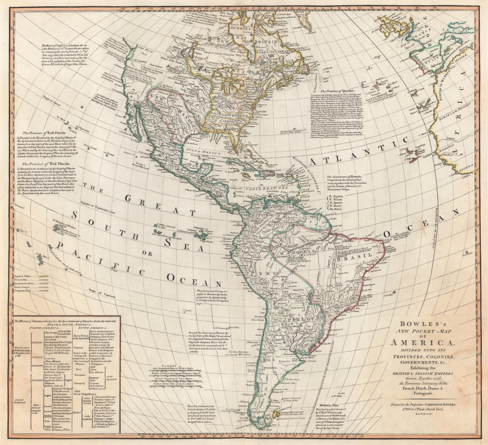 Bowles's New Pocket-Map of America, Divided into its Provinces, Colonies, Governments, etc. Exhibiting the British and Spanish Empires therein; Together with the Territories belonging to the French, Dutch, Danes, and Portuguese. - Main View