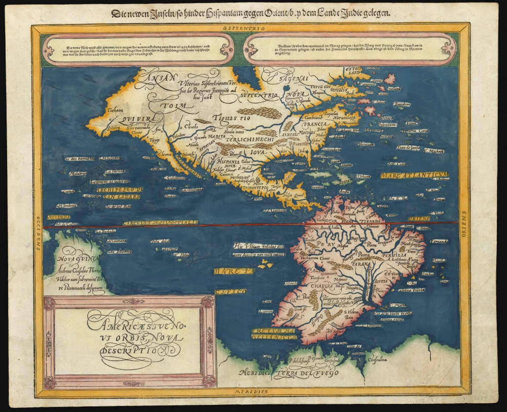 Americae Sive Novi Orbis Nova Descriptio. / Die newen Inseln so hinder Hispaniam gegen Orient, bey dem Landt Indie gelegen. - Main View