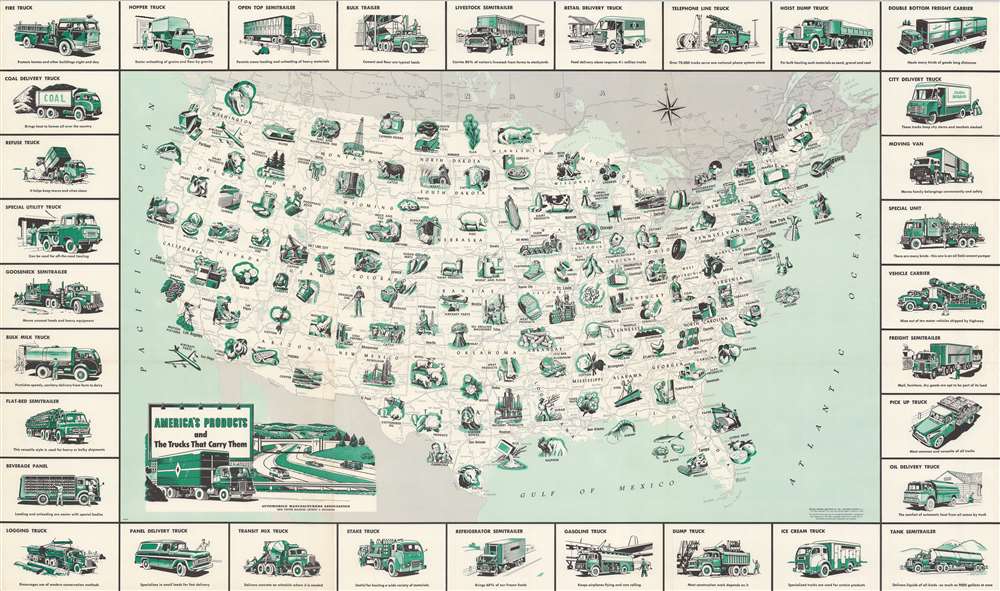 1958 General Drafting Map of the United States, its Products, and Trucks