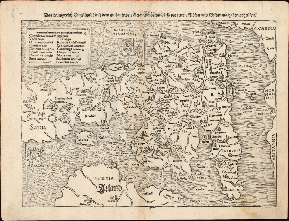 1540 / 1569 Sebastian Münster Map of England and Scotland