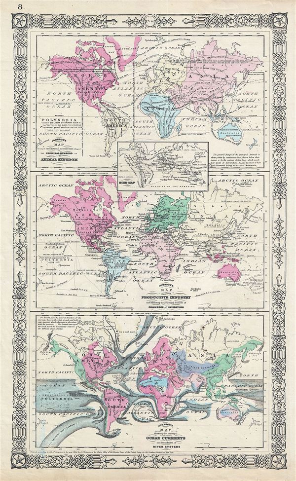 Johnson's Map of The World Showing the Geographical Distribution & Range of The Principal Members of The Animal Kingdom.  Johnson's Map of The World Illustrating the Productive Industry and exhibiting the principal features of Commerce And Navigation.  Johnson's Map Showing the Principal Ocean Currents and Boundaries of the River Systems. - Main View
