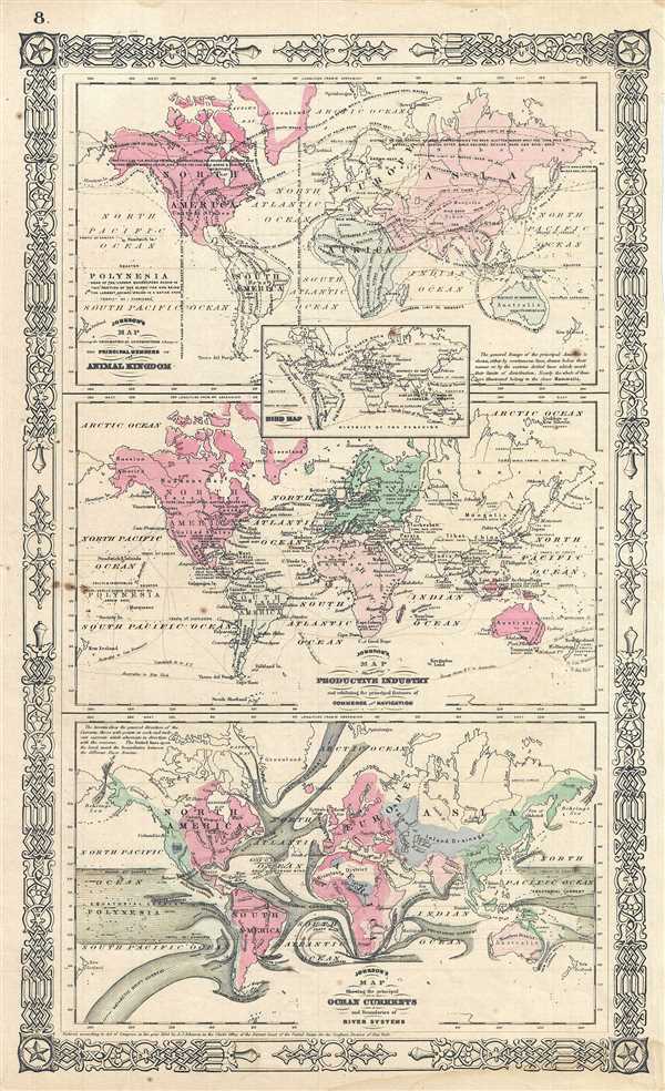 Johnson's Map of The World Showing the Geographical Distribution & Range of The Principal Members of The Animal Kingdom. Johnson's Map of The World Illustrating the Productive Industry and exhibiting the principal features of Commerce And Navigation. Johnson's Map Showing the Principal Ocean Currents and Boundaries of the River Systems. - Main View