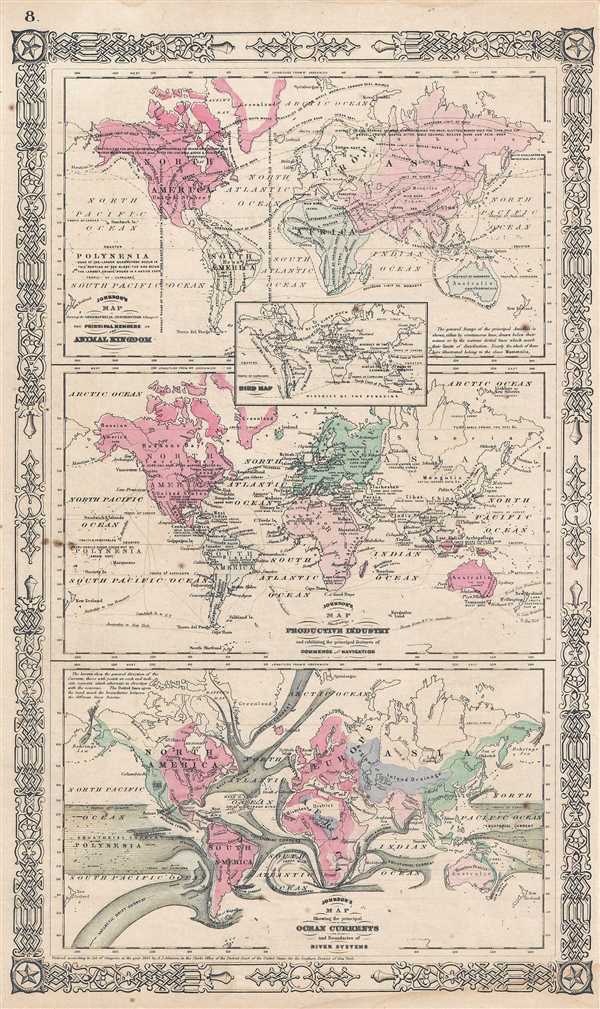 Johnson's Map of The World Showing the Geographical Distribution and Range of The Principal Members of The Animal Kingdom. Johnson's Map of The World Illustrating the Productive Industry and exhibiting the principal features of Commerce And Navigation. Johnson's Map Showing the Principal Ocean Currents and Boundaries of the River Systems. - Main View