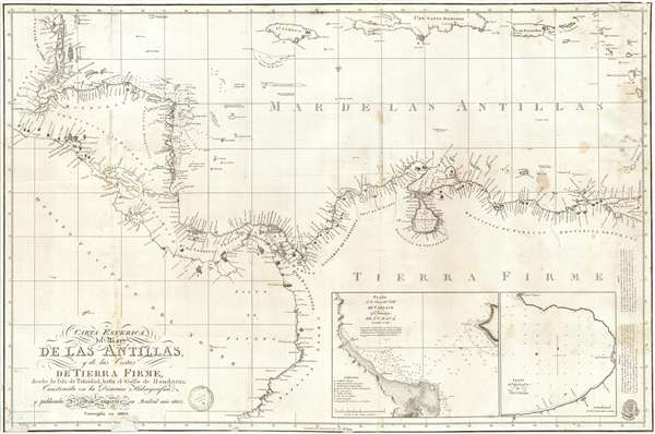 Carta Esferica del Mar de Las Antillas y de la Costas de Tierra Firme, desde la Isla de Trinidad, hasta el Golfo de Honduras Construida en la Direccion Hidrografica y pubicada de orden superior en Mardrid ano 1805. - Main View