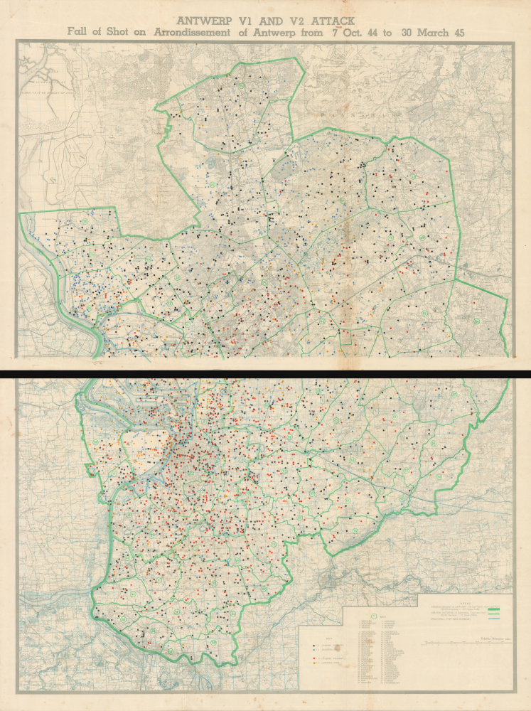 1945 World War II-Era Thematic Map of Antwerp, Belgium: V1 and V2 Attacks