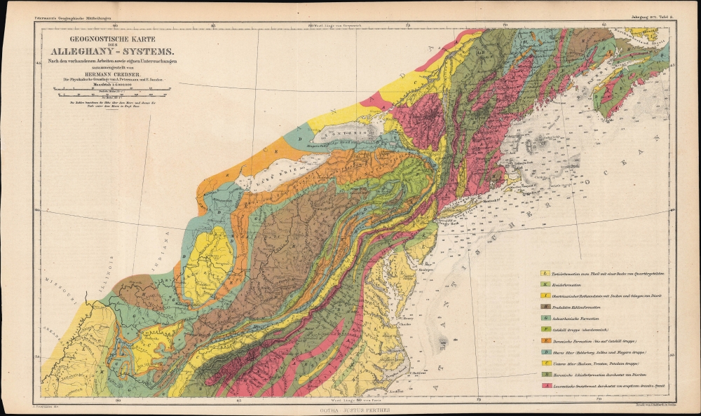 Geognostische Karte des Alleghany-Systems. Nach den vorhandenen Arbeiten sowie eignen Untersuchungen zusammengestellt von Herman Credner. - Main View