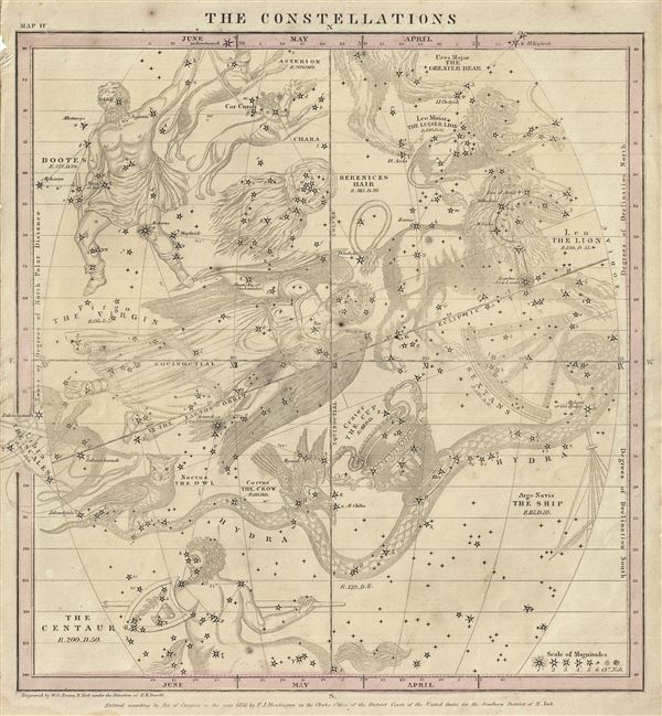 1856 Burritt / Huntington Map of Constellations in April, May, and June