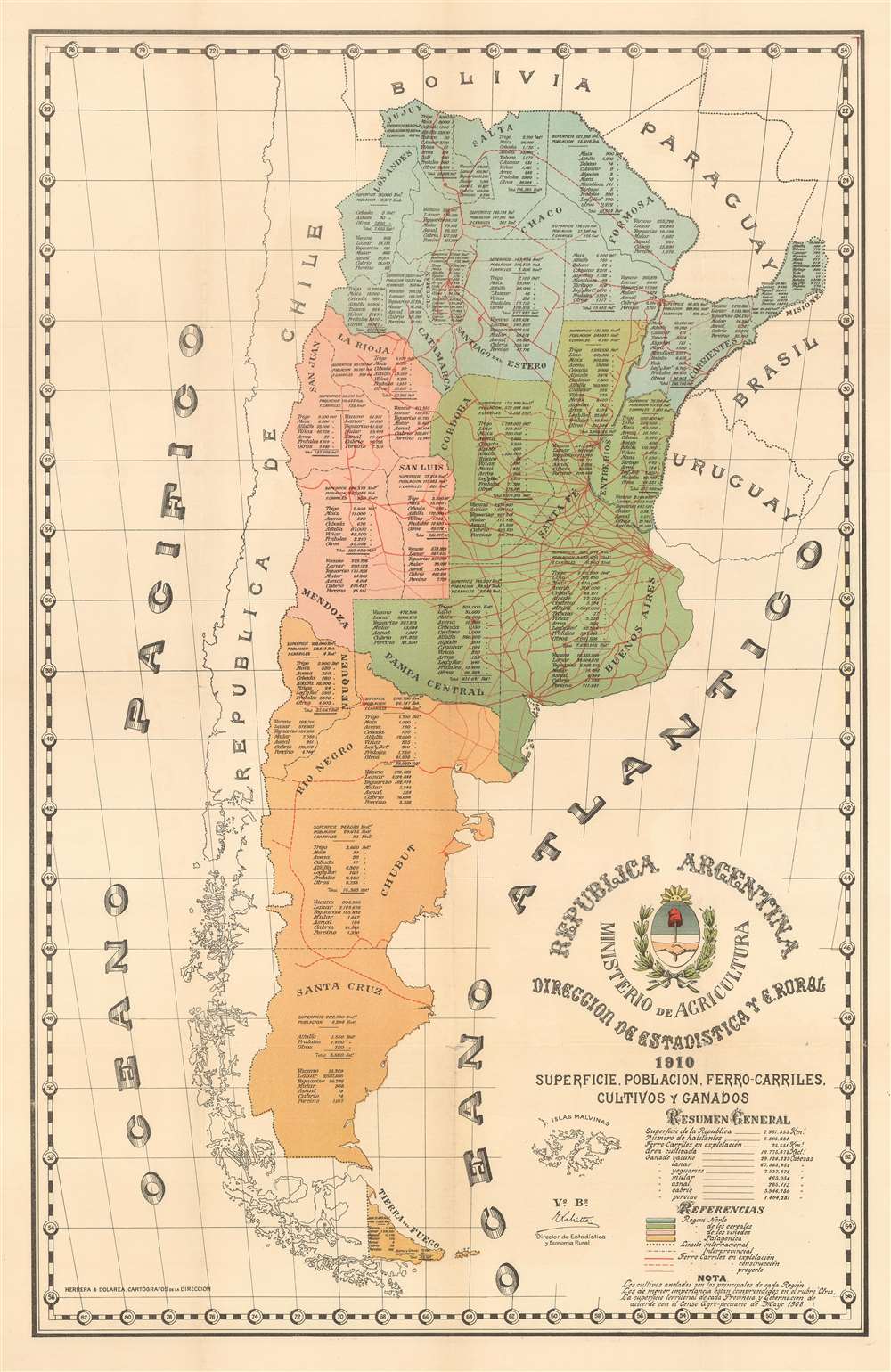 Republica Argentina: Superficie, Poblacion, Ferro-Carriles, Cultivos Y Ganados. - Main View