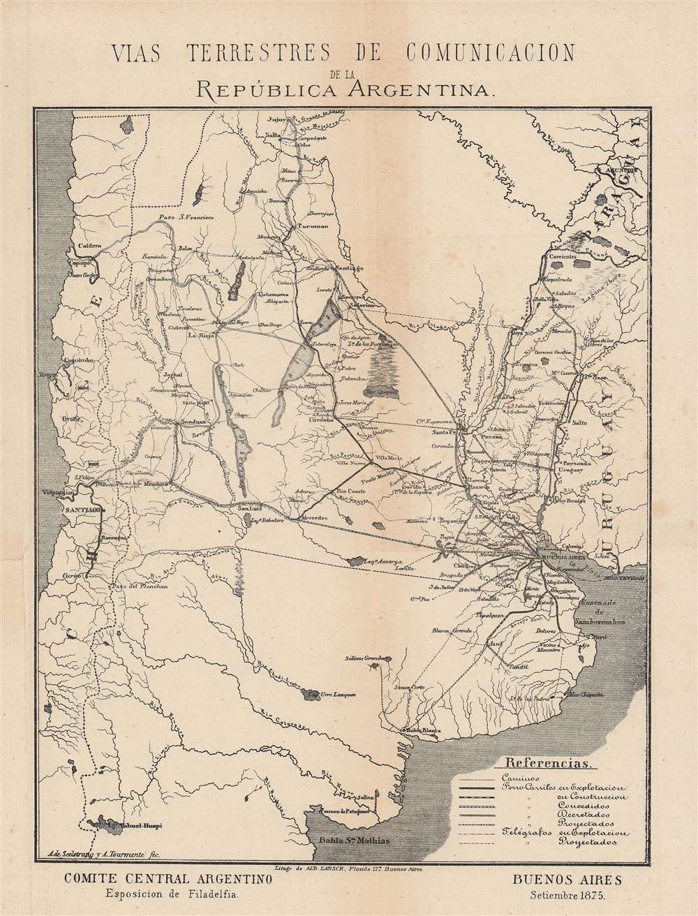 1876 Seelstrang / Tourmente Communications and Transportation Map of Argentina