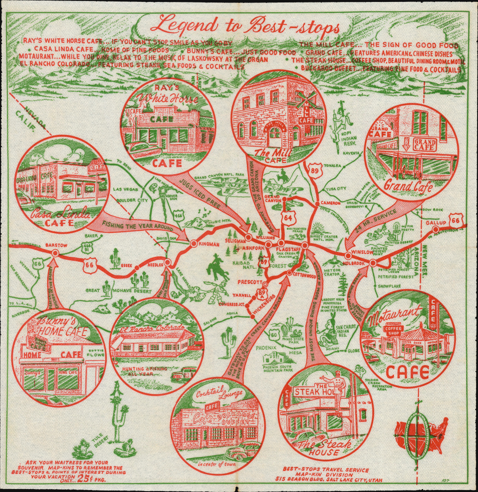 1952 Pictorial Tourist Map of Route 66 in Arizona, Printed on a Napkin