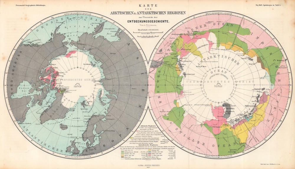 Karte der Arktischen und Antarktischen Regionen zur Übersicht der Entdeckungsgeschichte. / Map of the Arctic and Antarctic Regions for the Overview of the History of Discovery. - Main View