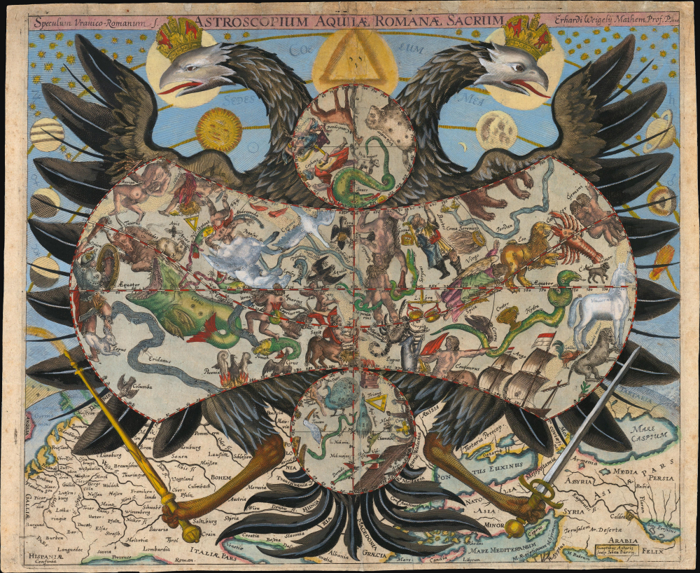 1661 Erhard Weigel Cosmographical Celestial Chart and Map w/ Habsburg Eagle