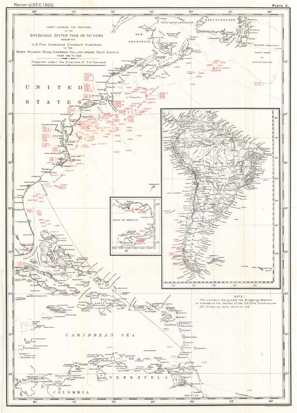 1900 U.S. Fish Commission Map of Atlantic Ocean and Caribbean Sea Dredgings