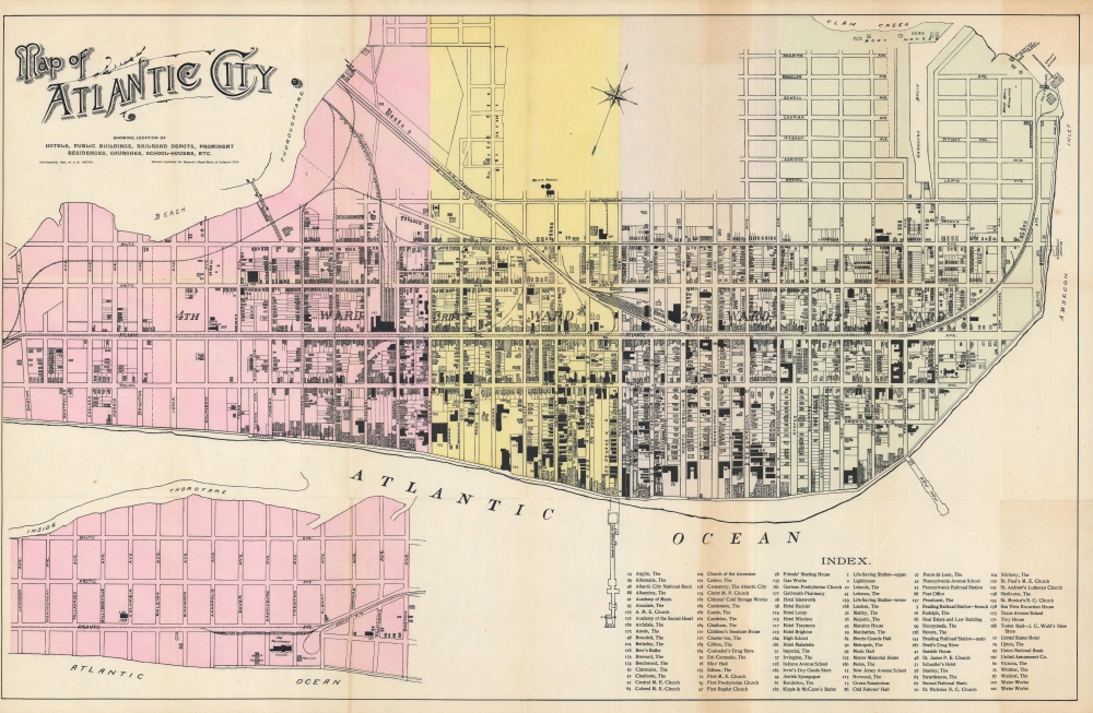 1895 Map of Atlantic City, showing location of hotels, public buildings, railroad depots, prominent residences, churches, school-houses, etc. - Main View