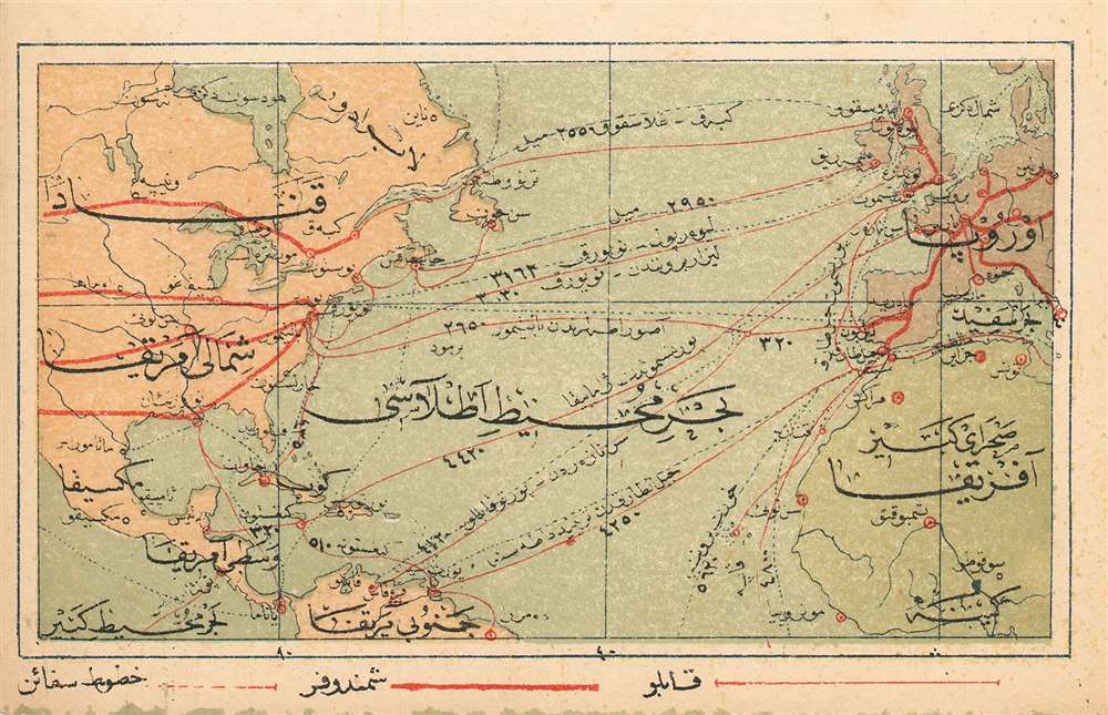 (Turkish Map of North America and Europe showing Transatlantic and Transcontinental Telegraph Cables - Main View