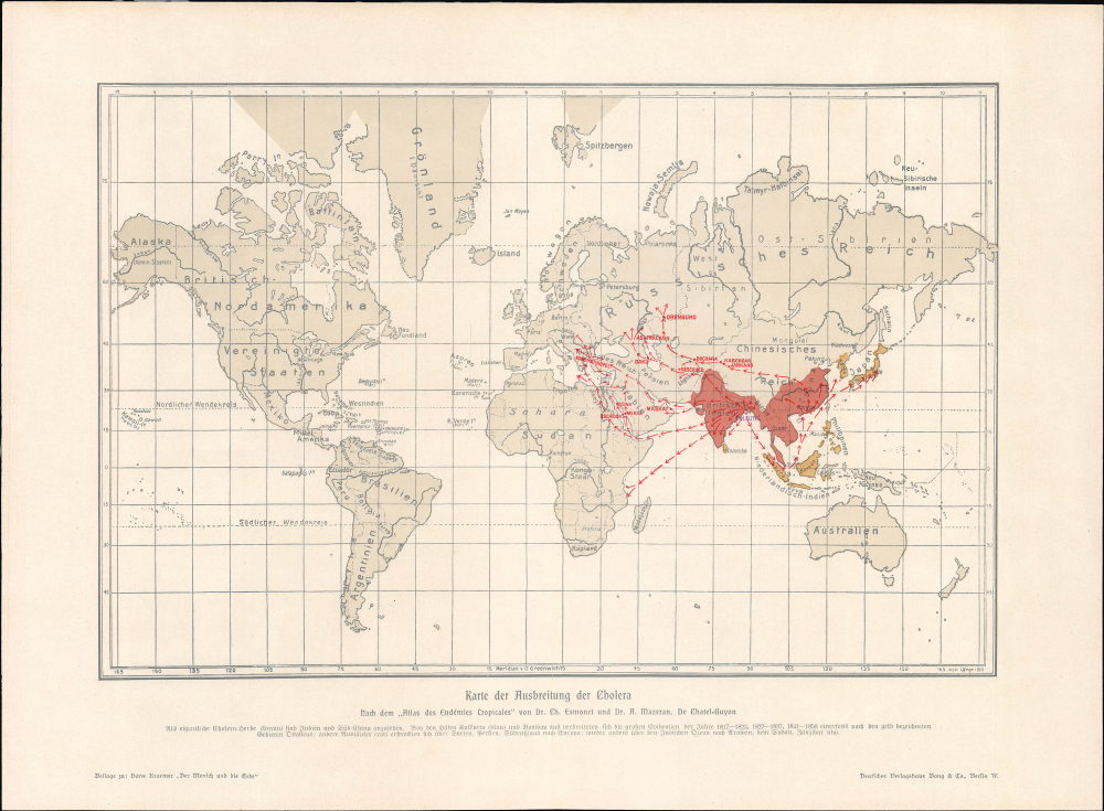 1908 Bong World Map of the Spread of Cholera