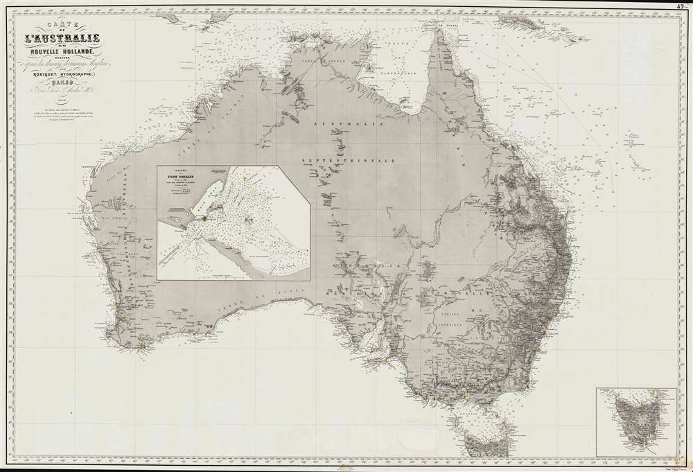 Carte de L'Australie ou Nouvelle Hollande, dressée d'aprés les derniers documents Anglais part Robiquet, Hydrographe, Paris. - Main View