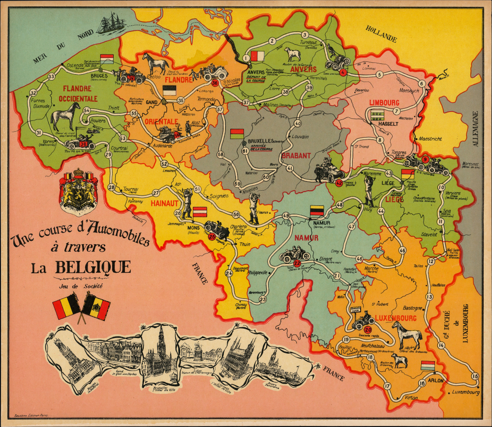 1910 Saussine Pictorial Map and Game Board of Belgium, Early Automobiles