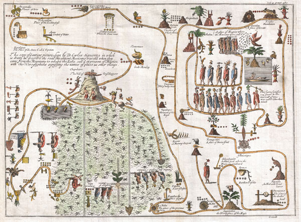 The copy of a antient picture kept by D. Carlos Siguenza in which is drawn & describ'd the road the antient Mexicans travell'd when they came fromteh Mountains to inhabe the Lake, call'd at present of Mexico, with the Hieroglyphicks signifying the names of places & other things. - Main View