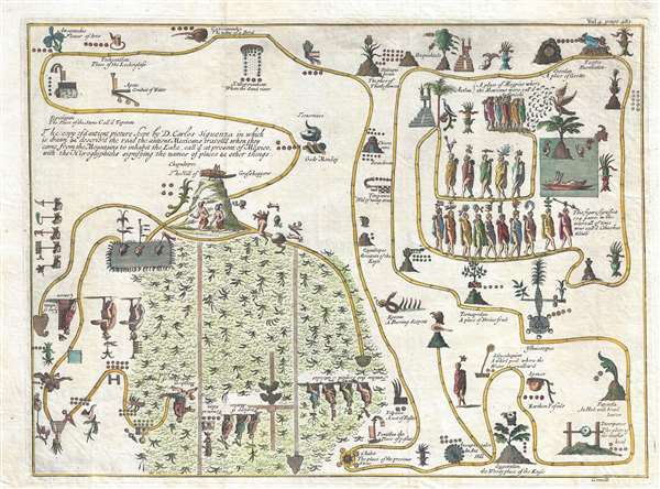 The copy of a antient picture kept by D. Carlos Siguenza in which is drawn and describ'd the road the antient Mexicans travell'd when they came from the Mountains to inhabit the Lake, call'd at present of Mexico, with the Hieroglyphicks signifying the names of places and other things. - Main View