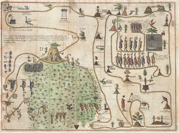 Copia d'una antica dipintura conservata da d. Carlo Siguenza nella qualle sta s egnata, e descritta la strade che tennero gli antichi Mexicani, quando da'monti vennero ad abitare nella Lacuna, che oggidi si dice di Mesico; co geroglifici significanti inomi de' luoghi, ed altro. - Main View