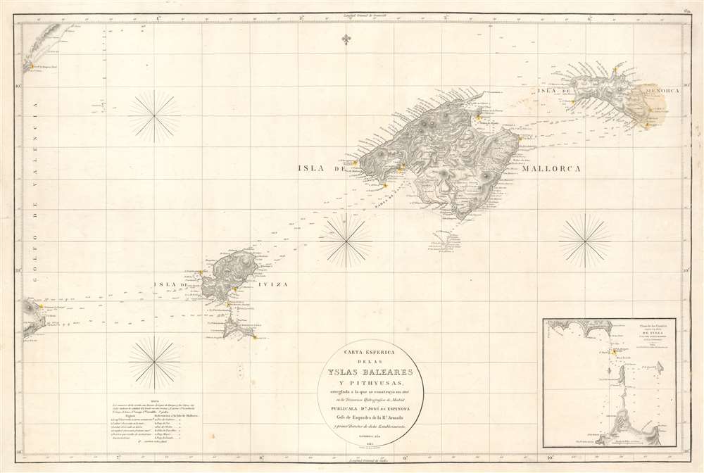 Carta Esferica de las Islas Baleares y Pithyusas, arreglada a la que se construyo en 1807 en la Dirección Hidrografica de Madrid. - Main View