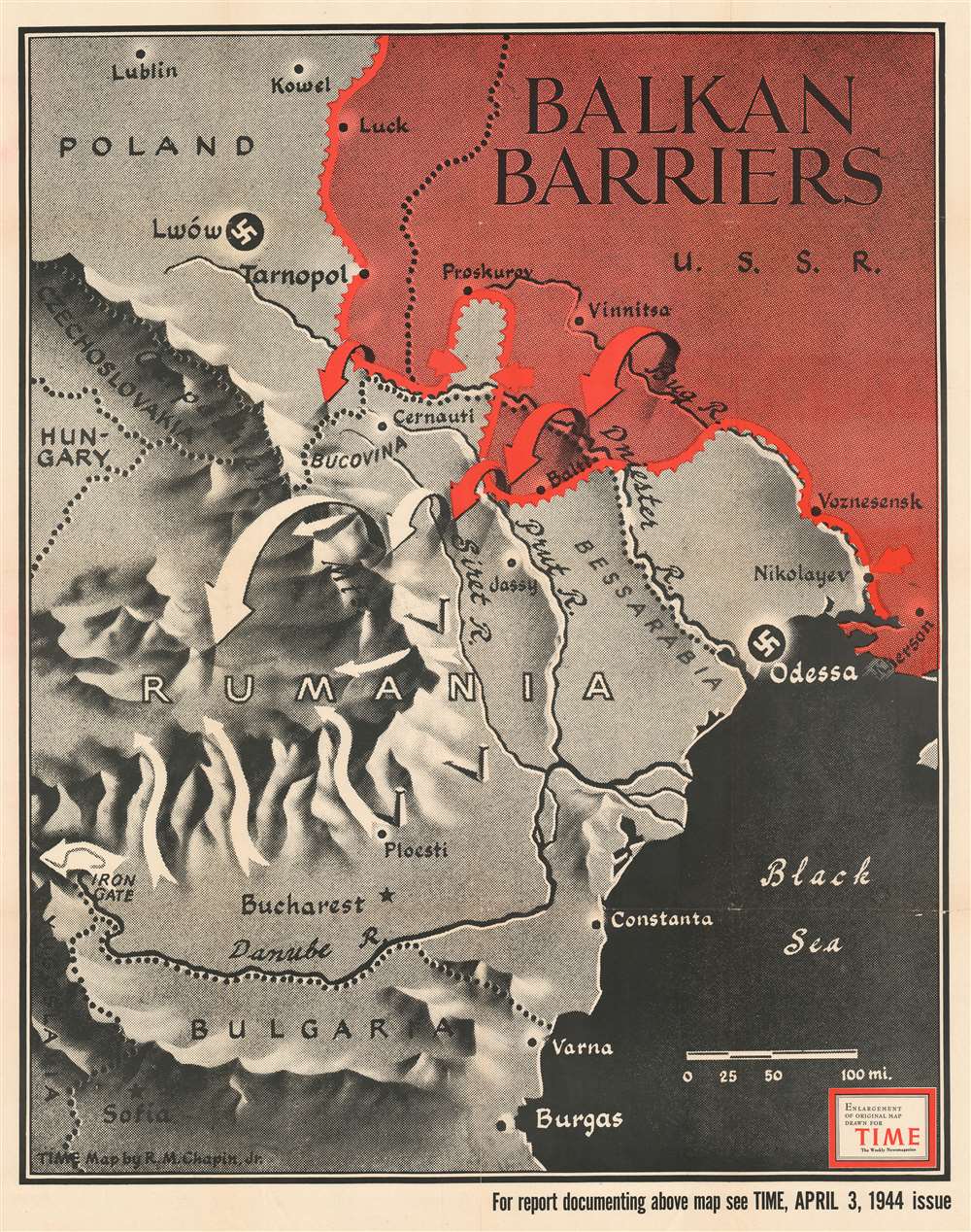 1944 Chapin Map of Romania, Bulgaria, and Ukraine during World War II