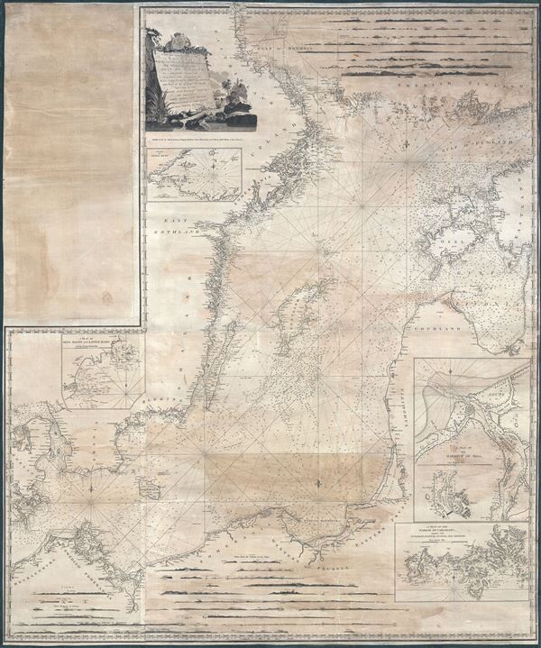 A New and Correct Chart of the Baltic from the Cattegat to Soderhamn and the entrance of the Gulf of Finland on a Mercator's Projection.   Including the harbors of Riga, Carlshamn, Aus and Geffle, with Views of the principal Headlands taken from the best Swedish and Russian Surveys; and Improved by John Hamilton Moore Hydrographer and Chartseller to his Royal Highness the Duke of Clarence. - Main View