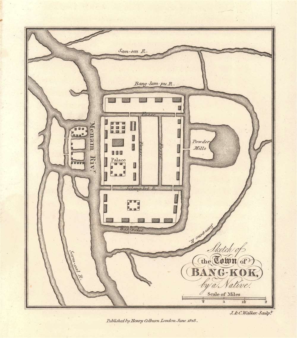 1828 Walker / Crawfurd Map of Bangkok, Thailand