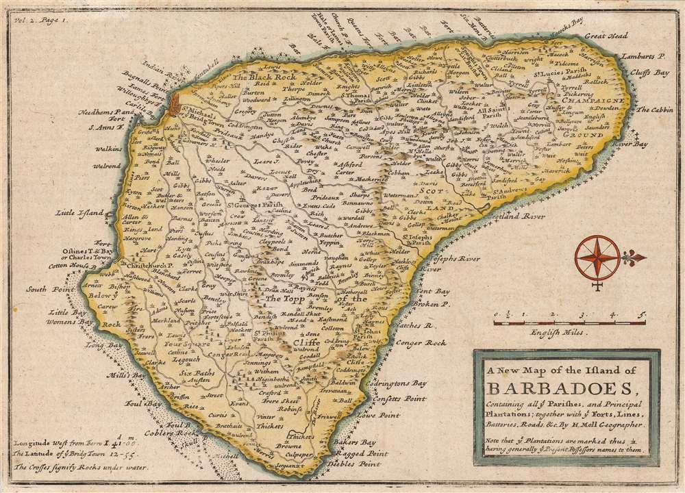 The New Map of the Island of Barbadoes, Containing all ye Parishes, and Principal Plantations; together with ye Forts, Lines, Batteries, Roads etc. By H. Moll Geographer. - Main View